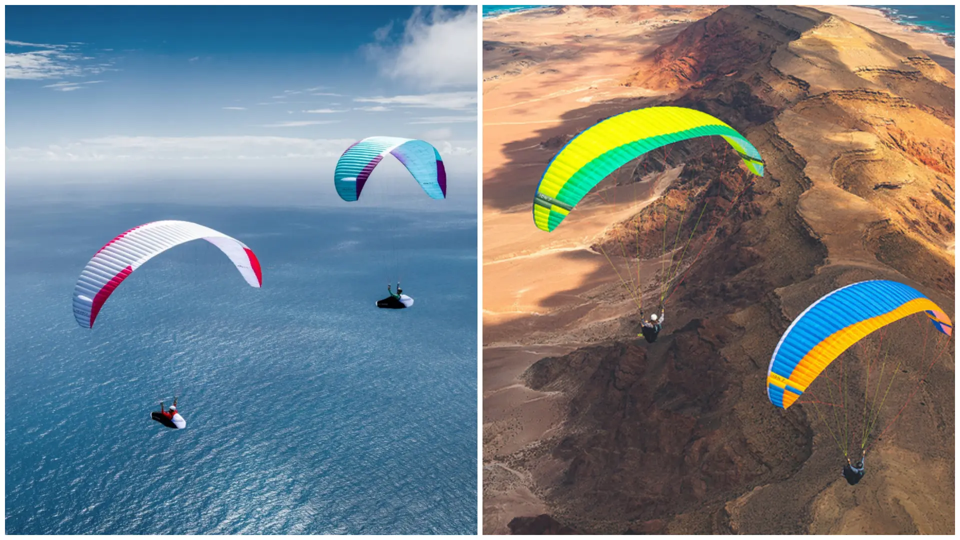 Colorful paragliders flying over ocean and mountain landscape